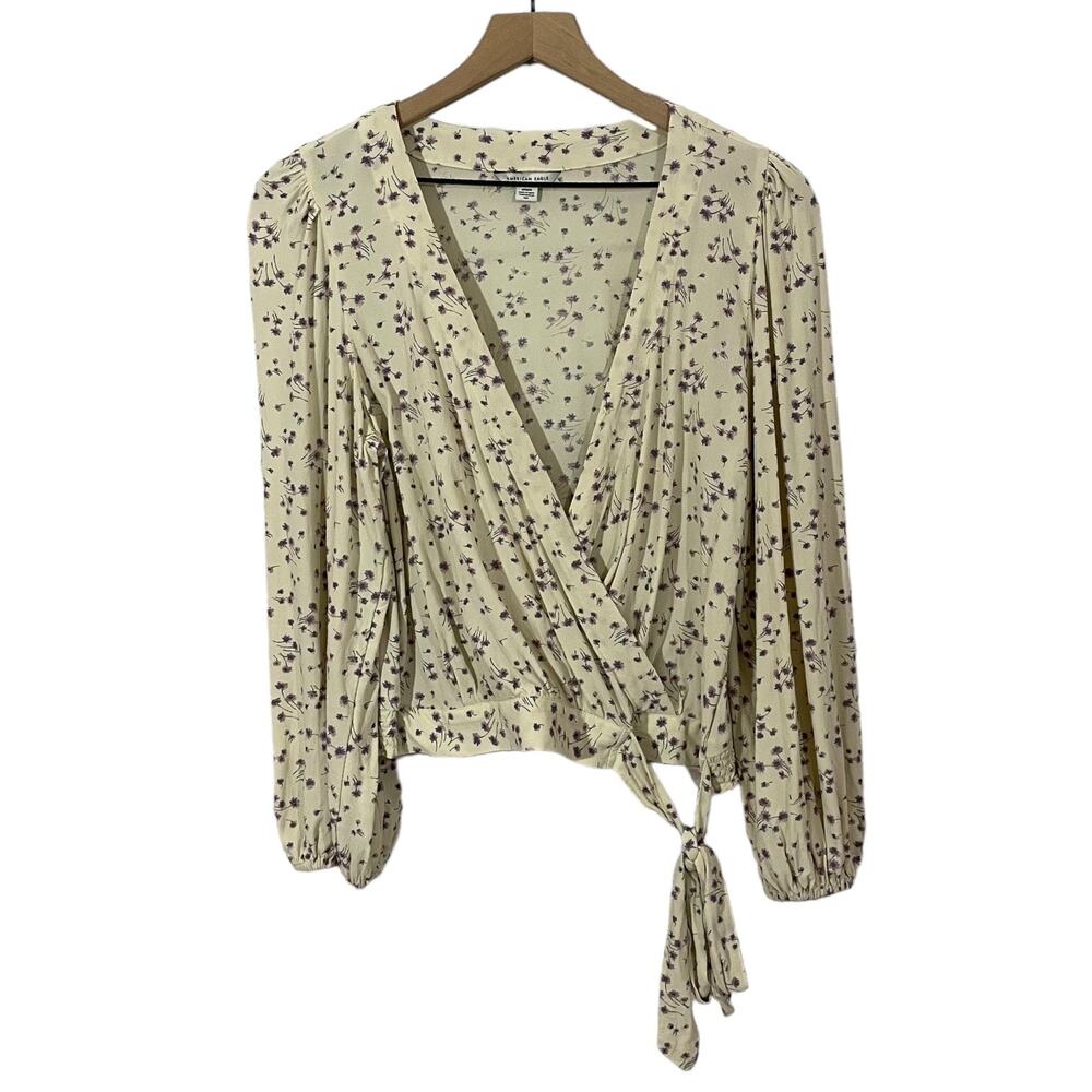 American Eagle Floral Print Faux Wrap Top - Ivory - Medium